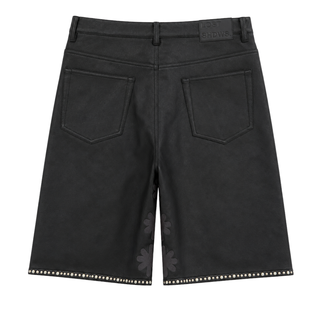 EMBELLISHED SUN LOGO LEATHER SHORT (BLACK/BLACK)
